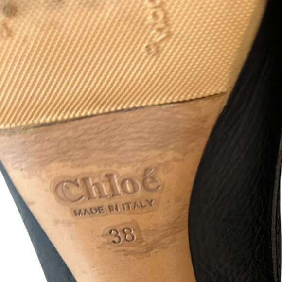 Chloe Leather Round Toe Pumps High Heels Wooden Black Size 38 7.5 Women's - Picture 8 of 14
